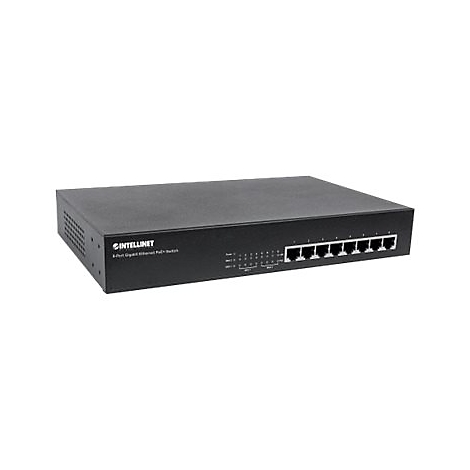 Schwarzer 8-Port Gigabit Ethernet PoE+ Switch von Intellinet vor weißem Hintergrund.