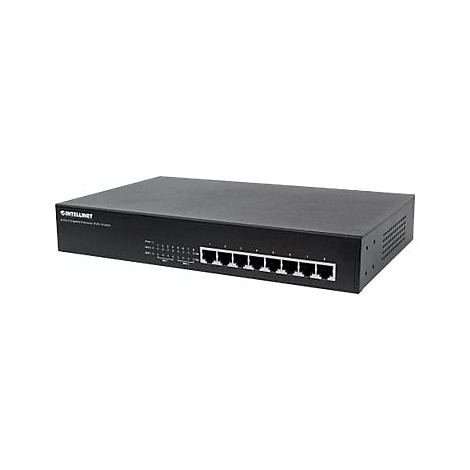 Schwarzer 8-Port Gigabit Ethernet PoE-Switch von Intellinet vor weißem Hintergrund.