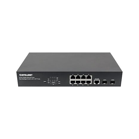 Schwarzer 8-Port Intellinet Gigabit PoE+ Web-Managed Switch mit 2 SFP-Ports vor weißem Hintergrund.