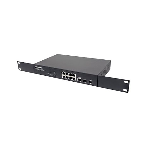Schwarzer Intellinet Netzwerk-Switch mit acht Ports und Rack-Montagewinkeln vor weißem Hintergrund.