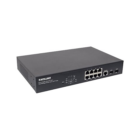 Schwarzer Intellinet 8-Port Gigabit Ethernet PoE+ Web-Managed Switch mit 2 SFP-Ports vor weißem Hintergrund.