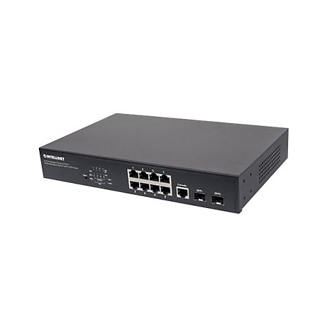 Schwarzer Intellinet Netzwerk-Switch mit acht Ethernet-Ports und zwei SFP-Anschlüssen vor weißem Hintergrund.