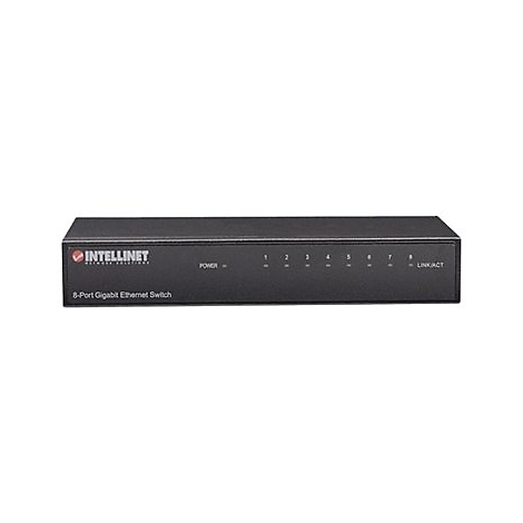 Schwarzer 8-Port Gigabit Ethernet Switch von Intellinet vor weißem Hintergrund.