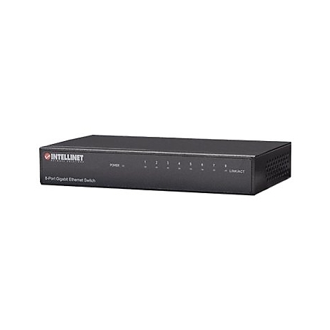Schwarzer 8-Port Gigabit Ethernet Switch von Intellinet vor weißem Hintergrund.