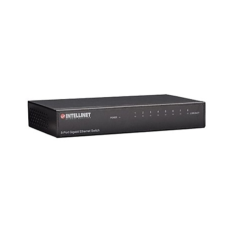 Schwarzer 8-Port Gigabit Ethernet Switch von Intellinet vor weißem Hintergrund.