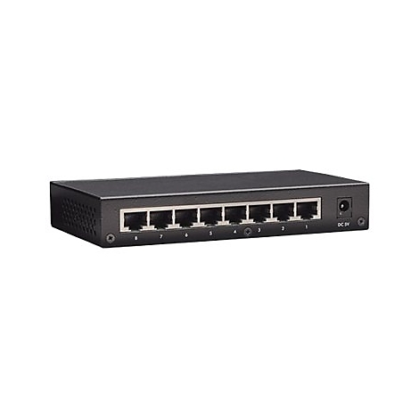 Schwarzer 8-Port Netzwerk-Switch mit numerierten Anschlüssen auf weißem Hintergrund.