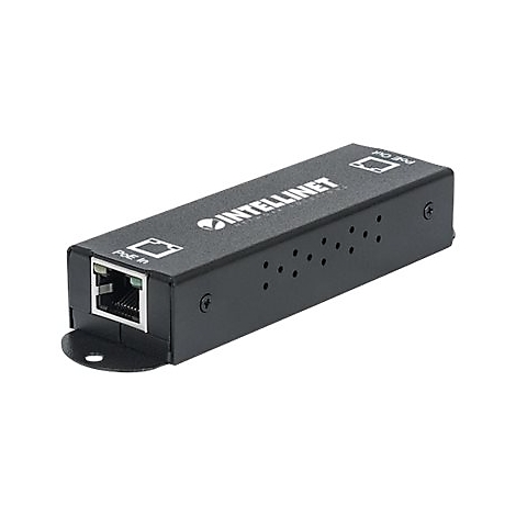 Schwarzer Intellinet PoE-Injektor mit RJ45-Anschlüssen auf weißem Hintergrund.