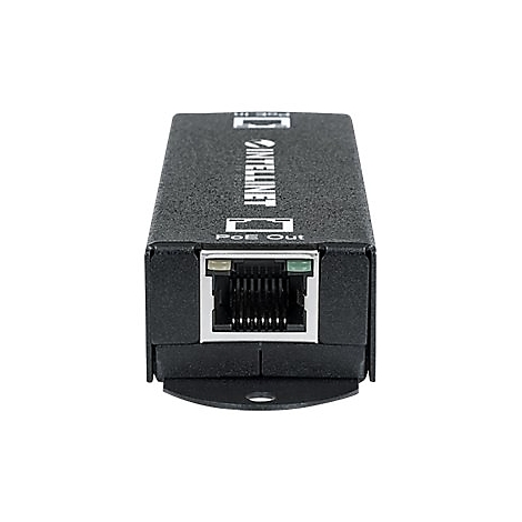 Schwarzer Intellinet PoE Injektor mit RJ45-Port vor weißem Hintergrund.