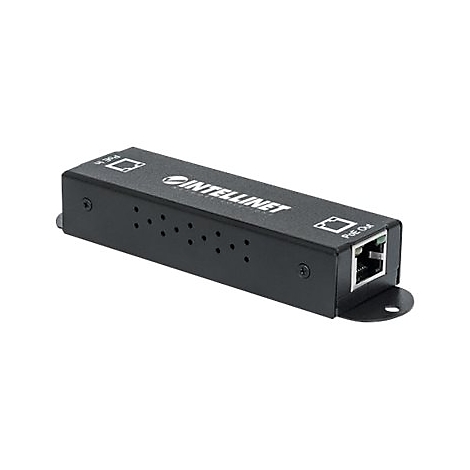 Schwarzer Intellinet PoE-Extender in Metallgehäuse mit Ethernet-Anschlüssen vor weißem Hintergrund.
