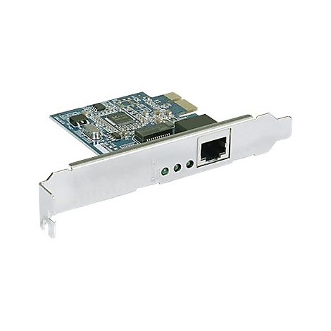 Blaue Netzwerkkarte mit silberner Blende und RJ45-Anschluss vor weißem Hintergrund.