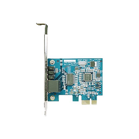 Blaue Netzwerk-Steckkarte mit Metallblende auf weißem Hintergrund.