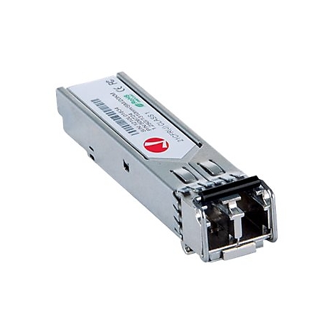 Ein silbernes SFP-Glasfaser-Transceiver-Modul mit weißem Etikett auf weißem Hintergrund.