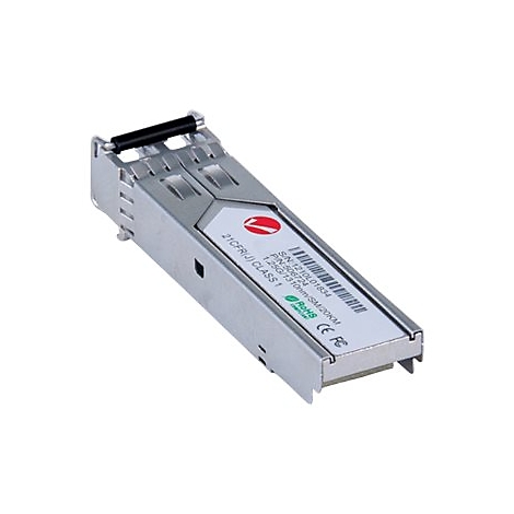 Ein silbernes SFP-Modul mit weißem Etikett und schwarzem Entriegelungshebel.