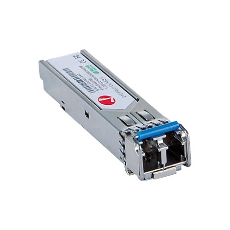 Ein silberner SFP-Transceiver-Modul mit einem blauen Entriegelungshebel vor neutralem Hintergrund.