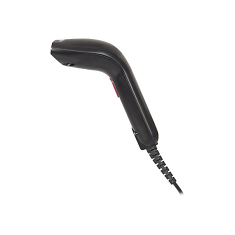 Ein schwarzer Barcode-Scanner mit rotem Knopf. Das Kabel ist schwarz und hat eine geriffelte Oberfläche.