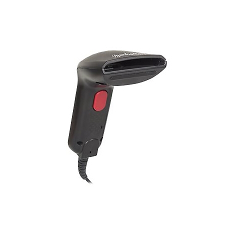 Schwarzer Barcode-Scanner mit rotem Knopf. 'Manhattan' Schriftzug. Schwarzes Kabel.
