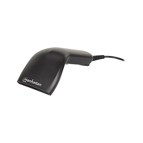 Schwarzer Barcodescanner von Manhattan auf weißem Hintergrund. Das Gerät hat einen geschwungenen Griff und ein Kabel.