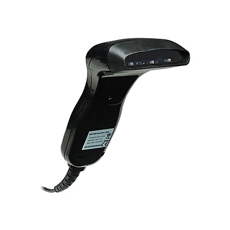 Schwarzer Barcode-Scanner mit Kabel, auf weißem Hintergrund.