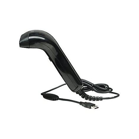 Schwarzer Barcode-Scanner mit USB-Kabel, freigestellt auf weißem Hintergrund.