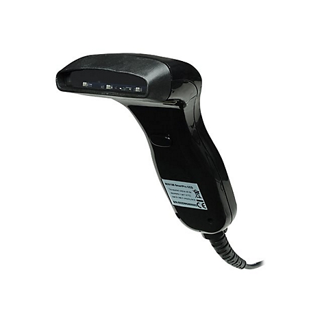 Schwarzer Barcode-Scanner mit Kabel, schräg von oben aufgenommen.