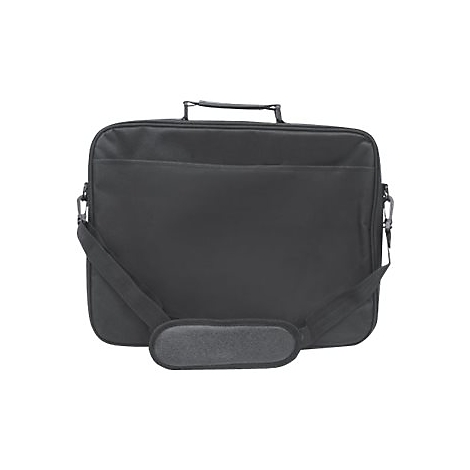 Schwarze Laptoptasche mit Tragegriff und verstellbarem Schultergurt vor weißem Hintergrund.