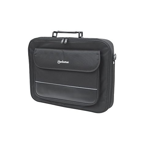Schwarze Manhattan Laptoptasche mit Tragegriff, aufgesetzter Fronttasche und weißem Logo vor weißem Hintergrund.