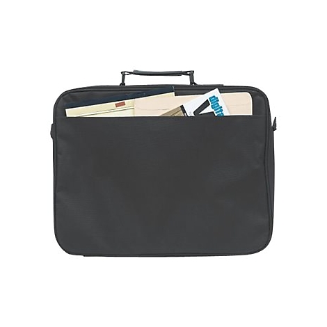 Schwarze Laptoptasche mit Tragegriff und Einschubfach für Unterlagen vor neutralem Hintergrund.