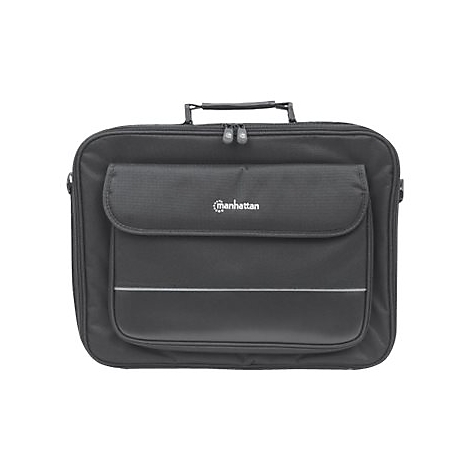 Schwarze Laptoptasche von Manhattan mit Tragegriff und Fronttasche vor weißem Hintergrund.