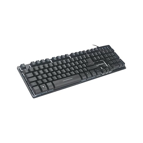 Schwarze kabelgebundene Tastatur mit flachen Tasten vor weißem Hintergrund.
