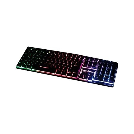 Schwarze Manhattan Tastatur mit bunter RGB-Beleuchtung in einer Studioaufnahme vor weißem Hintergrund.