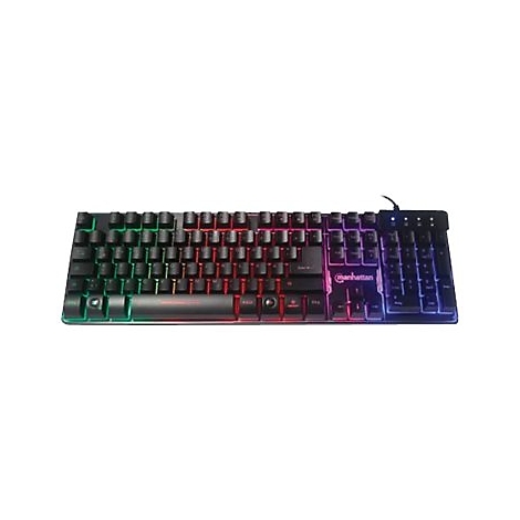 Schwarze Gaming-Tastatur mit bunter RGB-Hintergrundbeleuchtung vor neutralem Hintergrund.