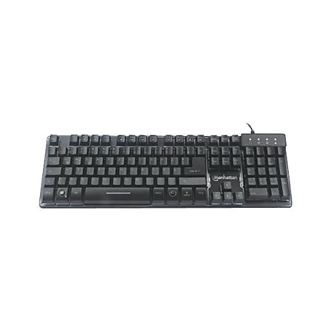Schwarze Manhattan Tastatur mit Ziffernblock vor neutralem Hintergrund.