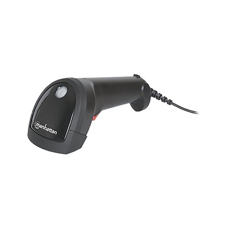 Schwarzer Barcode-Scanner mit rotem Knopf und Kabel, Manhattan-Logo auf dem Kopf.