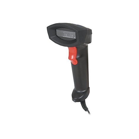 Schwarzer Barcode-Scanner mit rotem Knopf. Detailansicht vor weißem Hintergrund.