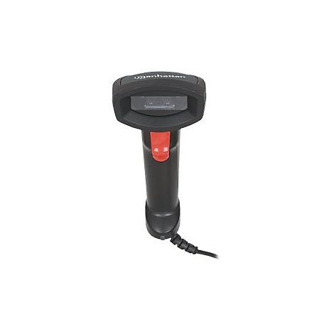Schwarzer Barcode-Scanner mit roter Taste, Kabelanschluss.