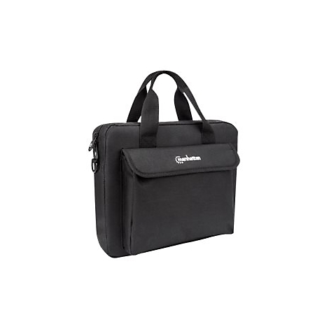 Schwarze Laptoptasche mit Tragegriffen und Reißverschluss sowie Manhattan-Logo auf der Fronttasche.