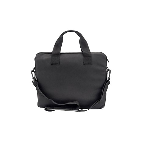 Schwarze Laptoptasche mit Tragegriffen und abnehmbarem Schultergurt vor weißem Hintergrund.