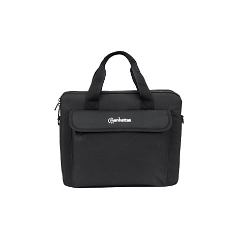 Schwarze Laptoptasche mit Manhattan-Logo auf der Fronttasche und Tragegriffen vor weißem Hintergrund.