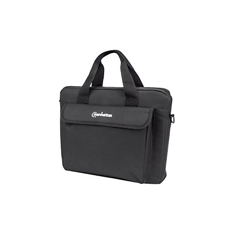 Schwarze Laptoptasche mit Tragegriffen und Manhattan-Logo auf der Fronttasche vor weißem Hintergrund.