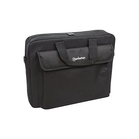 Schwarze Laptoptasche von Manhattan mit Tragegriffen und Reißverschluss vor weißem Hintergrund.