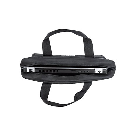 Schwarze Laptoptasche von oben geöffnet mit sichtbarem Laptopgehäuse und Anschlüssen.