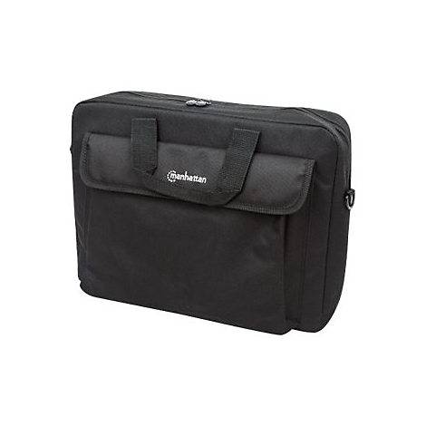 Schwarze Manhattan Laptoptasche mit Tragegriffen und Reißverschluss vor weißem Hintergrund.