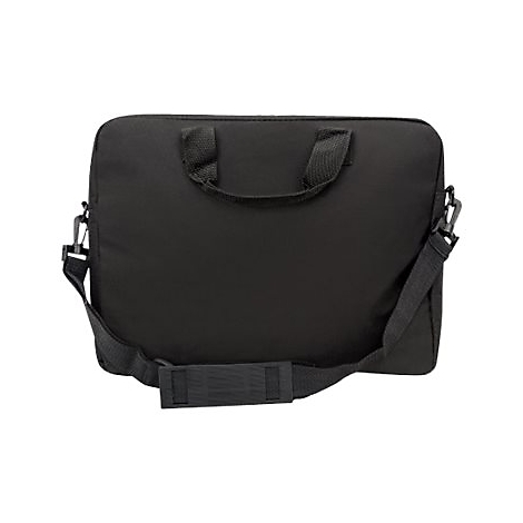 Schwarze Laptoptasche mit Tragegriffen und verstellbarem Schultergurt vor weißem Hintergrund.