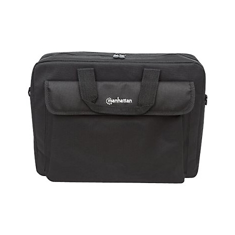 Schwarze Manhattan Laptoptasche mit Tragegriffen und Reißverschluss vor weißem Hintergrund.