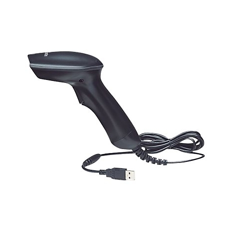 Schwarzer Barcode-Scanner mit USB-Kabel. Der Griff ist ergonomisch geformt.