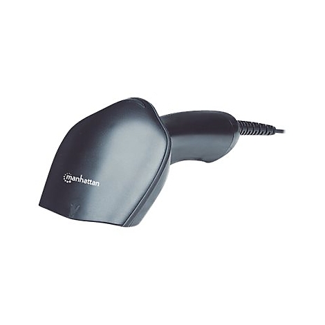 Ein schwarzer Barcode-Scanner von Manhattan auf weißem Hintergrund. Der Scanner ist angeschlossen.