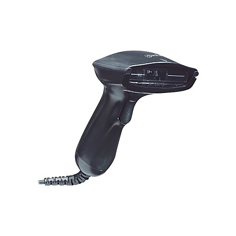 Schwarzer Barcode-Scanner mit Kabel auf weißem Hintergrund.