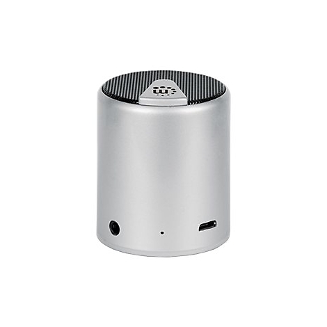 Silberner, zylinderförmiger Bluetooth-Lautsprecher mit schwarzem Gitter oben und Anschlüssen an der Seite.
