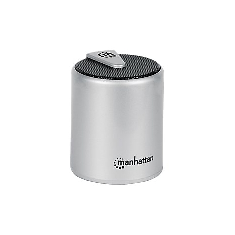 Silberner, zylinderförmiger Manhattan Bluetooth-Lautsprecher vor weißem Hintergrund.
