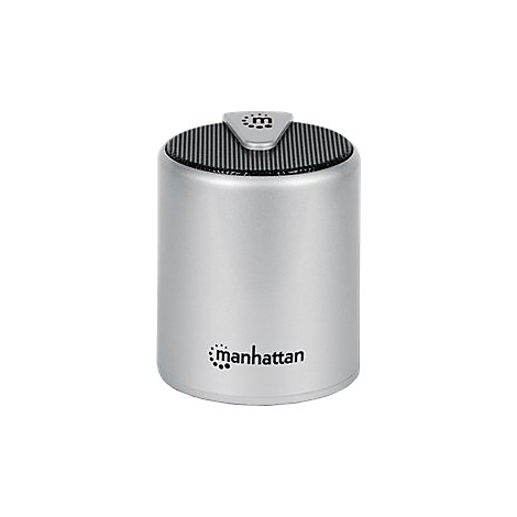 Kleiner, zylindrischer Bluetooth-Lautsprecher in Silber mit schwarzer Oberseite und Manhattan-Logo.